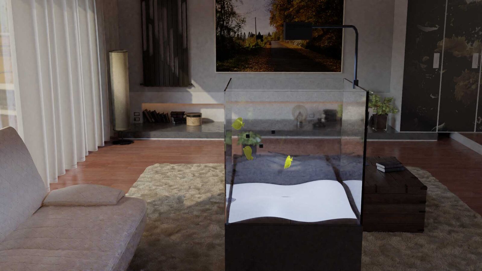 A reef aquarium light shade rendered mounted over a tank