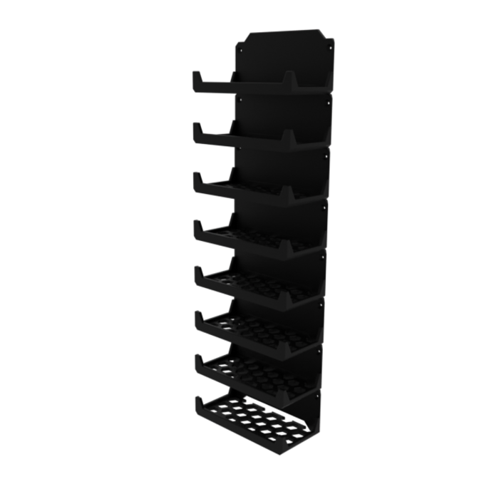 Eight power bricks stacked in the stacking mount